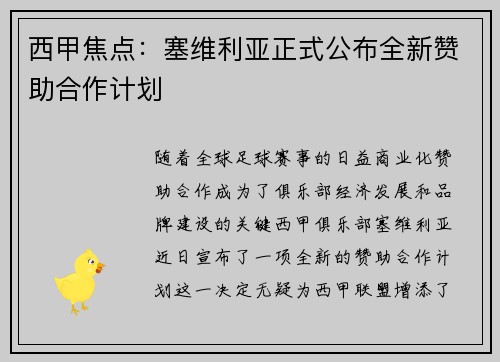 西甲焦点:塞维利亚正式公布全新赞助合作计划 西甲焦点:塞维利亚正式公布全新赞助合作计划
